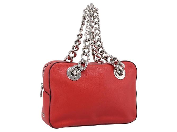 Bolsa de mão com corrente PRADA em couro vermelho prata Auth 198640V