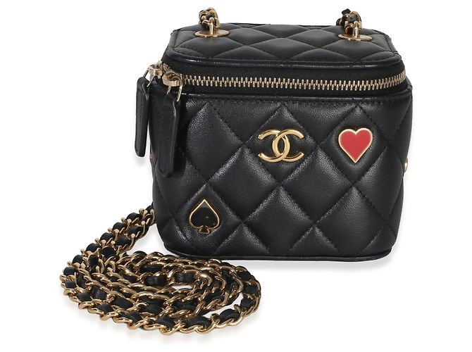 Chanel Coco Casino Mini Vanity Case aus schwarzem gestepptem Lammleder mit Kette