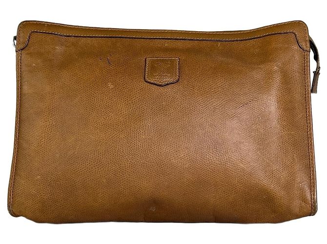 Edge Céline Vintage Celine Clutch aus strukturiertem Leder Tan Silver Kamel