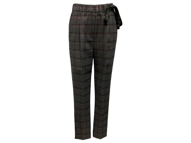 Brunello Cucinelli Medium Grey Lurex Windowpane Tie Pull On Pant