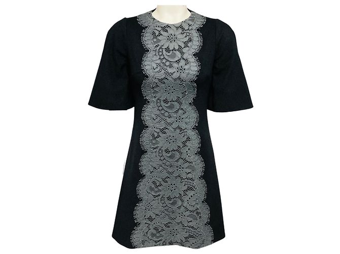 Dolce & Gabbana kurzärmeliges Kaschmir-Kleid mit Spitzenbesatz in Anthrazitgrau