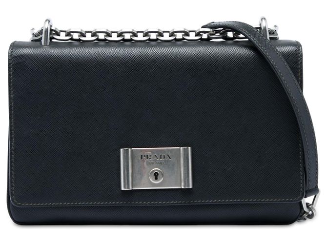 Borsa a tracolla Prada Saffiano Lux Lock con catena nera Nero