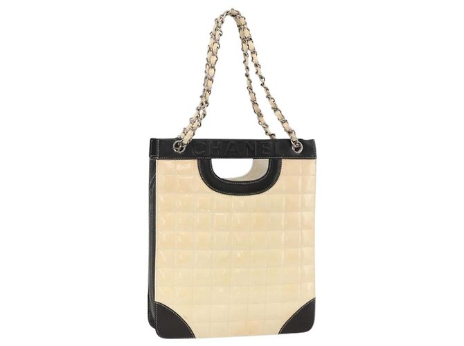 CHANEL Choco Bar Chain Shoulder Bag Patent Leather Beige Silver CC