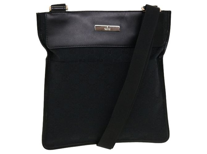 GUCCI GG Canvas Flat Shoulder Bag Black 0348