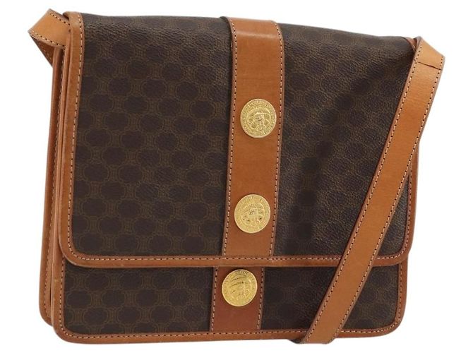 Céline CELINE Macadam Canvas Medallion Shoulder Bag PVC Leather Brown Gold
