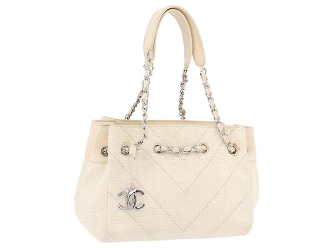 CHANEL Chain V Stitch Shoulder Bag Canvas Beige Silver CC