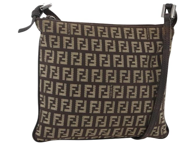 FENDI Zucchino Canvas Shoulder Bag Brown Silver