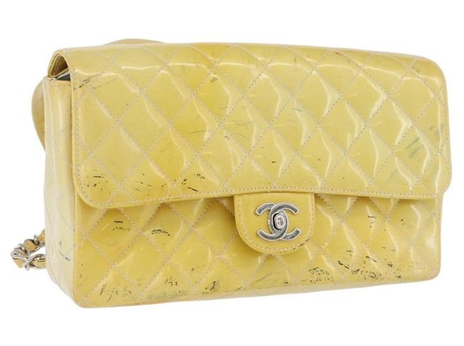 CHANEL Matelasse Backpack Patent leather Yellow Silver CC