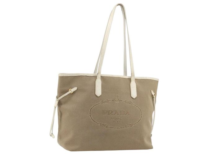 PRADA Tote Bag Canvas Beige Gold