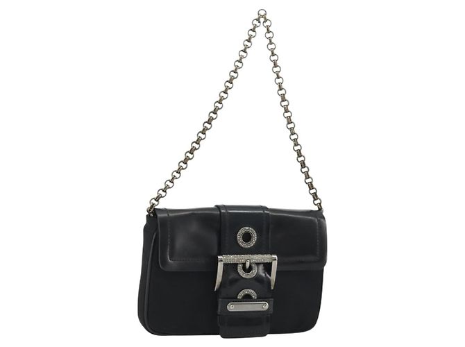 PRADA Chain Shoulder Bag Nylon Brown Silver