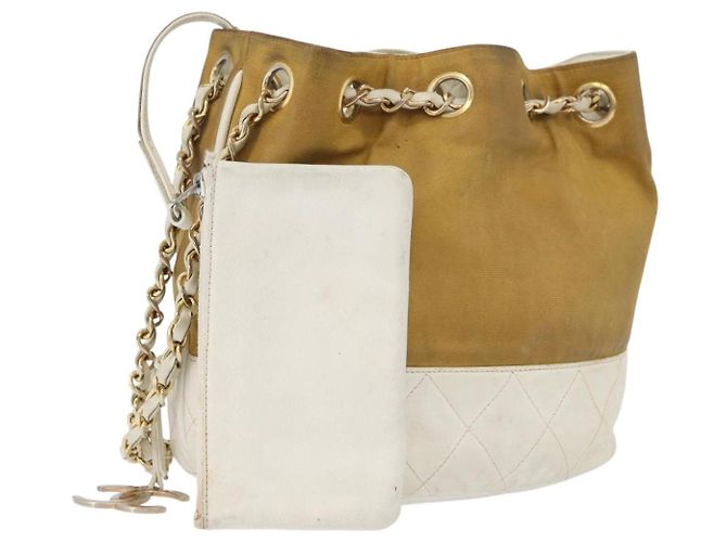 CHANEL Matelasse Drawstring Chain Shoulder Bag Leather Beige Gold CC