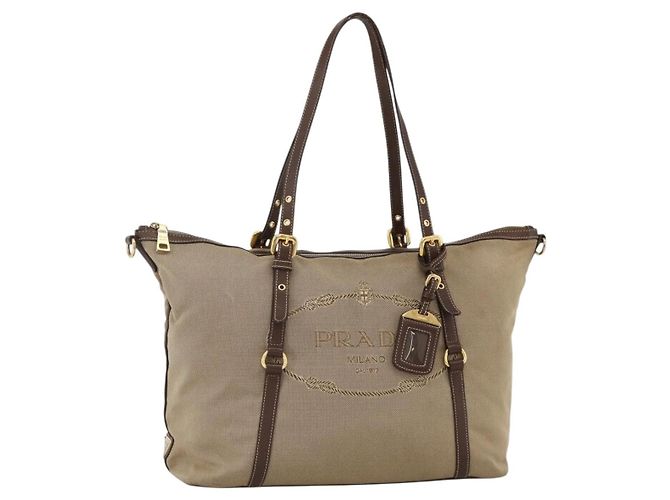 PRADA Sac Tote Canvas Beige Gold