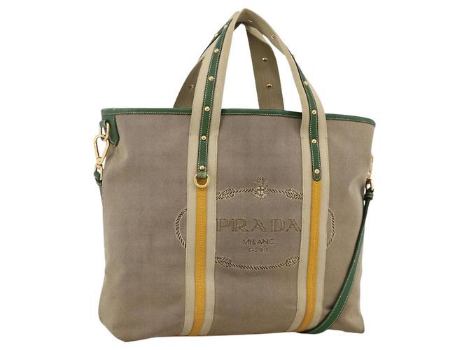 PRADA Tote Bag Canvas 2way Beige Gold