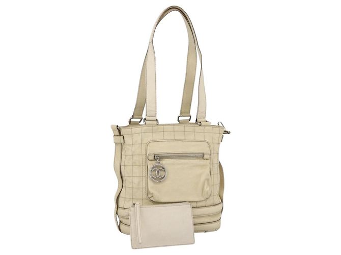 CHANEL Choco Bar Hand Bag Leather Ivory Silver CC