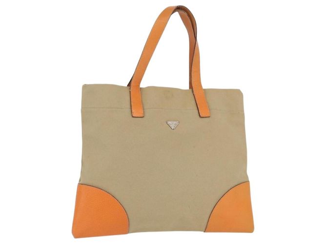 PRADA Tote Bag Canvas Leather Beige Orange Silver
