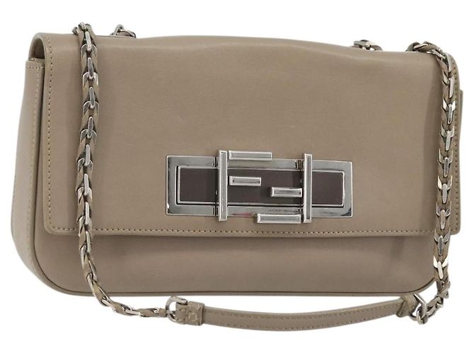 FENDI Chain Trebuquette Shoulder Bag Leather Beige Silver