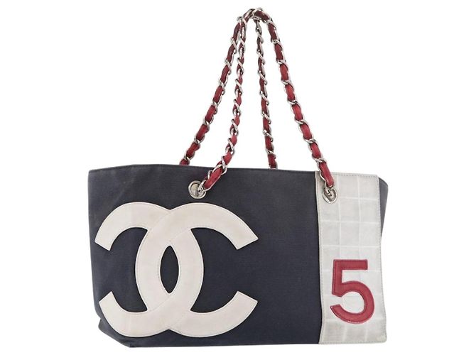 CHANEL Choco Bar Chain Tote Bag No5 Canvas Navy Silver CC