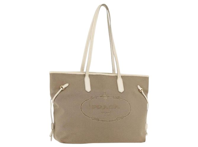 PRADA Tote Bag Canvas Beige Gold