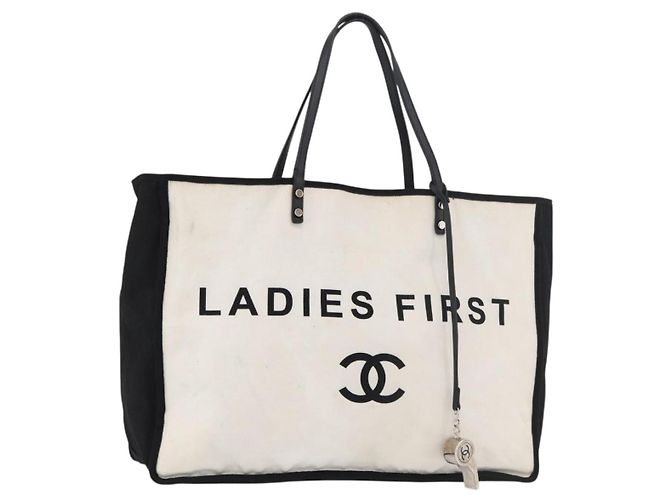 CHANEL Ladies First Tote Bag Canvas Weiß Silber CC