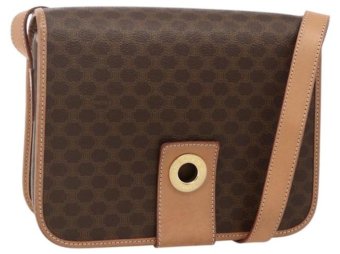 Céline CELINE Macadam Canvas Circle Shoulder Bag PVC Leather Brown Gold