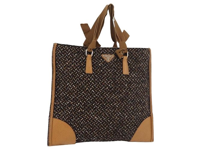 PRADA Hand Bag Canvas Brown Silver