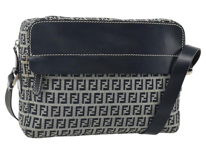 FENDI Zucchino Canvas Shoulder Bag Navy Silver