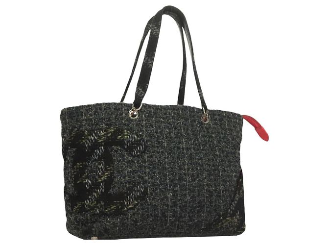 CHANEL Tote Bag Tweed Black Silver CC