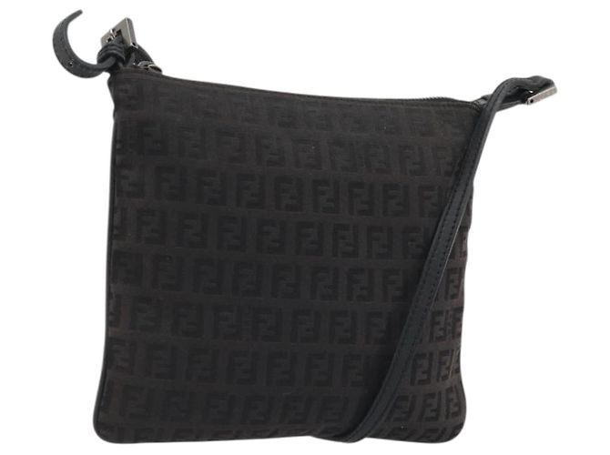 FENDI Zucchino Canvas Shoulder Bag Silver Black