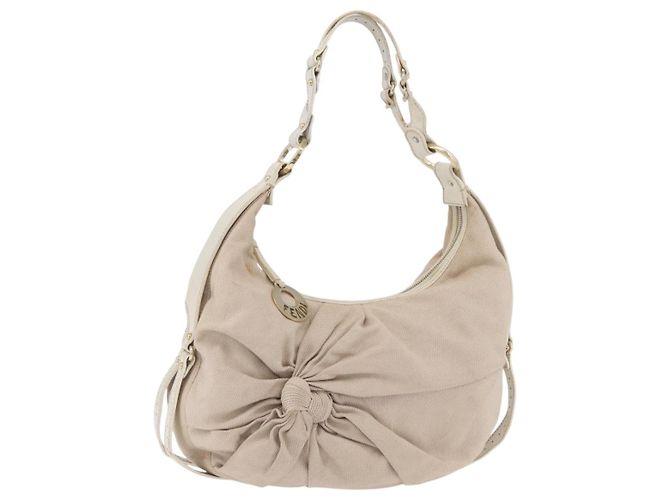 FENDI Shoulder Bag Canvas Leather Beige Gold