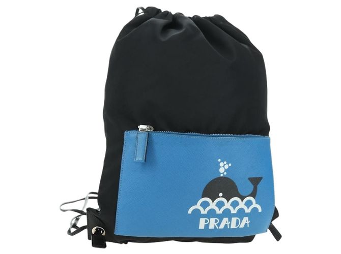 Zaino PRADA in nylon e pelle, nero, blu e argento, autentico 92876