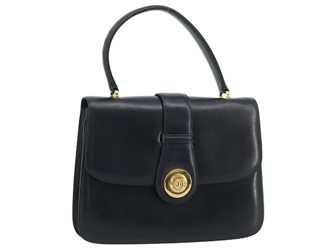 GUCCI Hand Bag Leather Navy Gold
