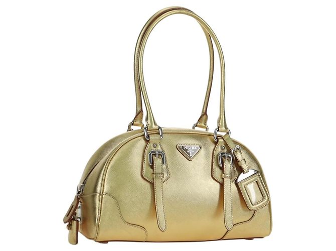 PRADA Hand Bag Safiano leather Gold