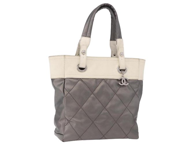 CHANEL Paris Biarritz PM Hand Bag PVC Canvas Gray Silver CC