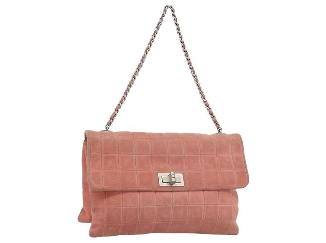 CHANEL Choco Bar 2.55 Chain Shoulder Bag Suede Pink Silver CC