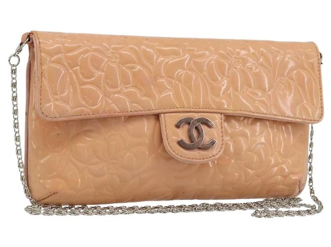 CHANEL Chain Shoulder Bag Patent Leather Pink Silver CC