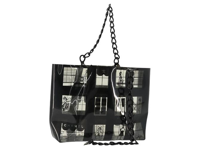 CHANEL Windows Line Chain Shoulder Tote Bag Vinyl Black Silver CC