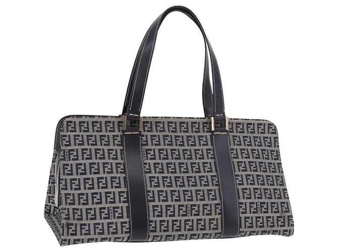 FENDI Zucchino Canvas Hand Bag Navy Silver