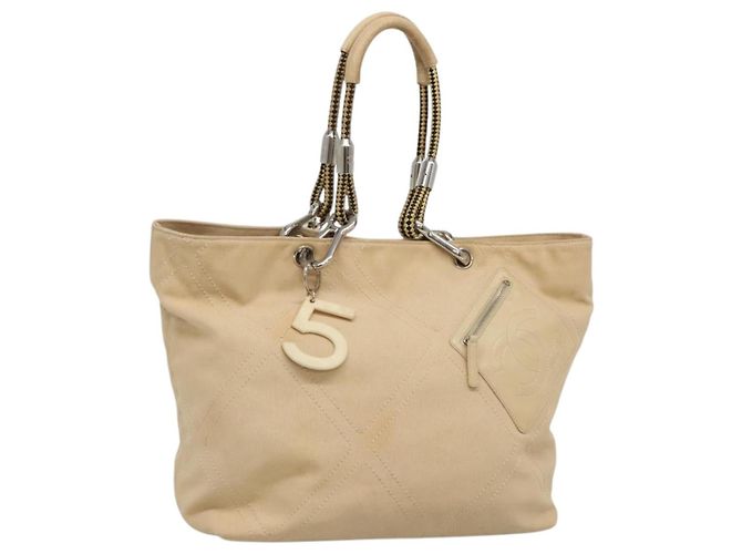 CHANEL COCO Mark Tote Bag Canvas Beige Silver CC
