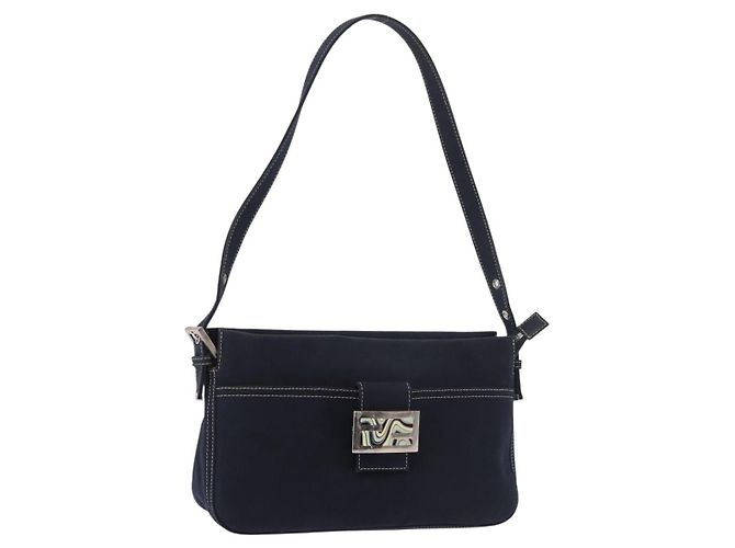 FENDI Mamma Baguette Shoulder Bag Canvas Navy Silver