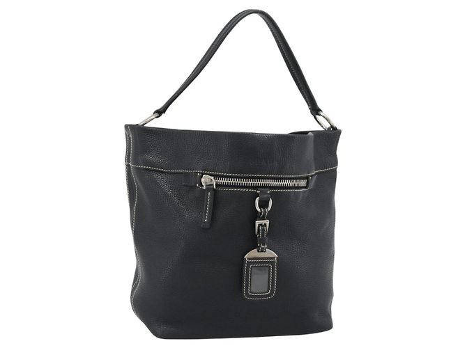 PRADA Schultertasche Leder Schwarz Silber