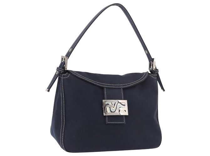 FENDI Mamma Baguette Shoulder Bag Canvas Navy Silver