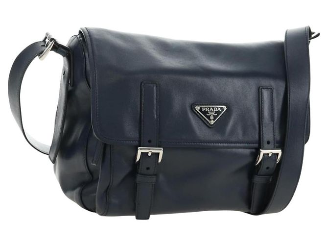 PRADA Shoulder Bag Leather Navy Silver