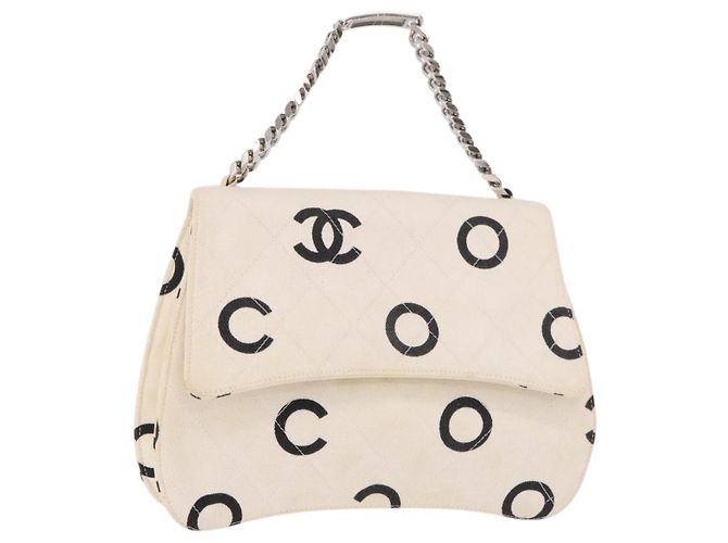 CHANEL Matelasse Chain Hand Bag Canvas White Silver CC