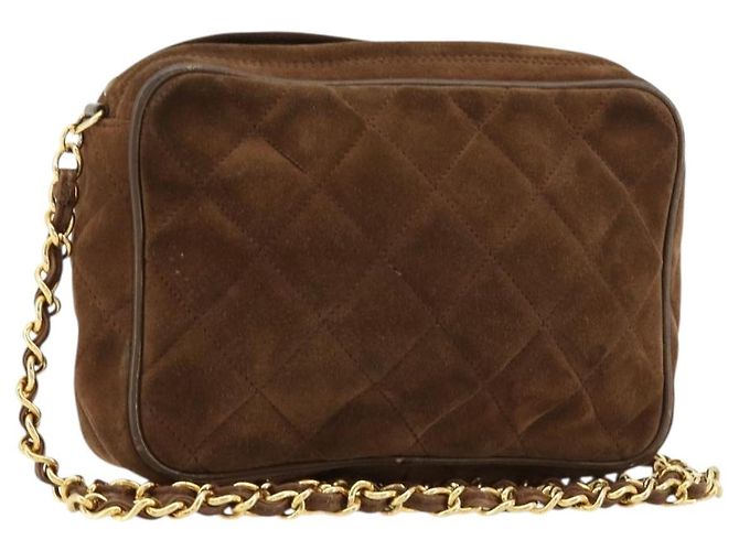 CHANEL Bolsa de Ombro Matelassé com Corrente Camurça Castanho Ouro CC