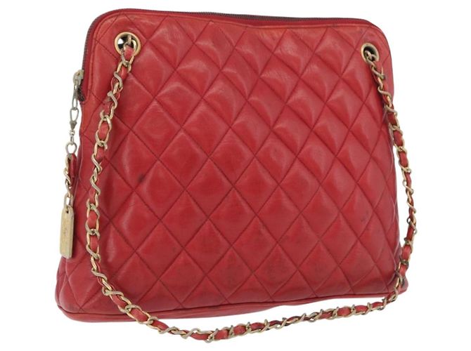 CHANEL Matelasse Chain Shoulder Bag Leather Red Gold CC