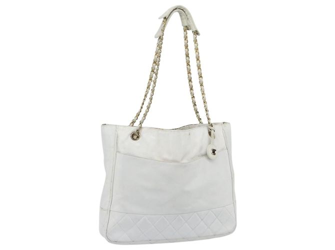 CHANEL Chain Shoulder Bag Leather White Gold CC