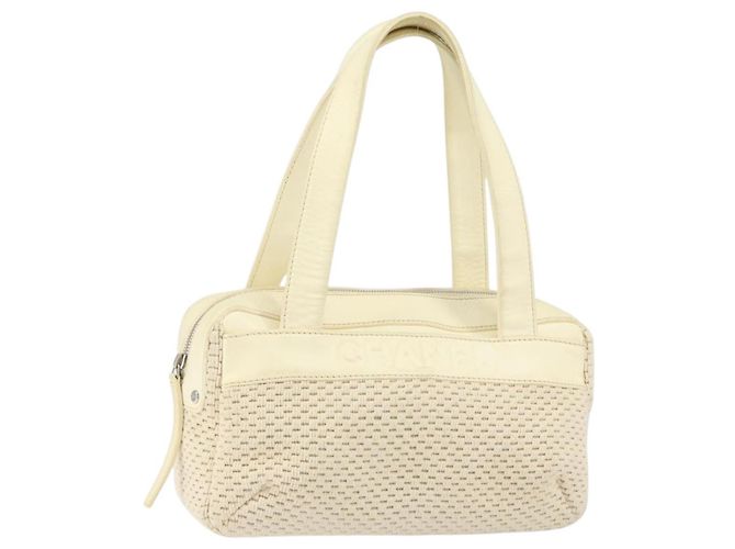 CHANEL Tote Bag Canvas Leather White Silver CC