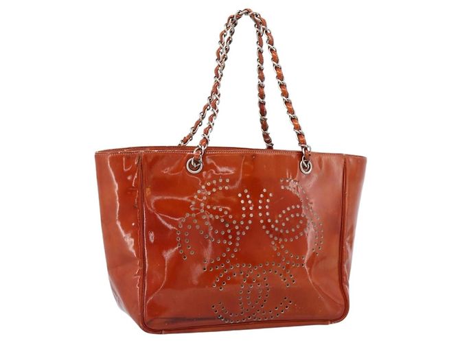CHANEL Triple Coco Chain Tote Bag Lackleder Orange Silver CC