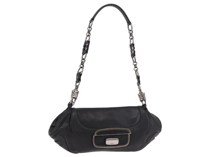 PRADA Chain Shoulder Bag Leather Black Silver