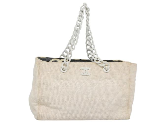 CHANEL Matelasse Chain Shoulder Bag Straw White Gold CC